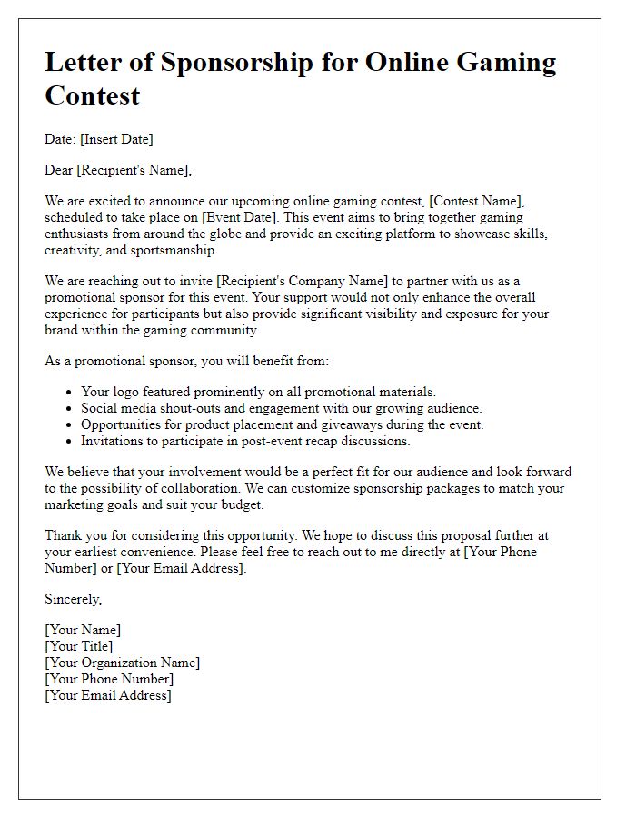 Letter template of promotional sponsorship for online gaming contest