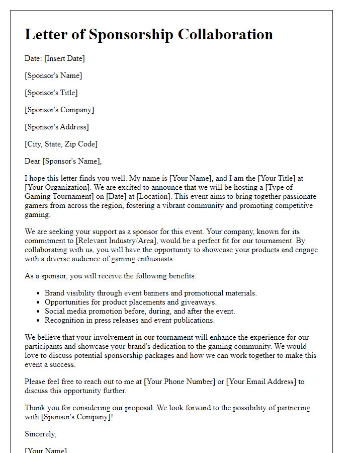 Letter template of sponsorship collaboration for gaming tournament