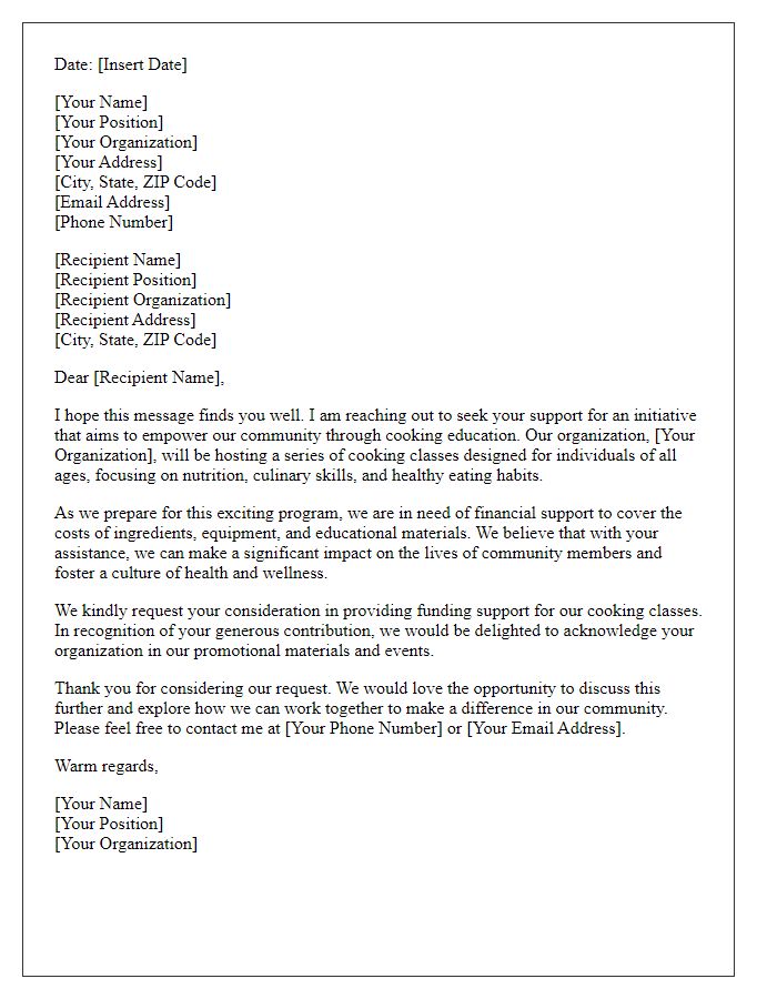 Letter template of outreach for cooking class funding support