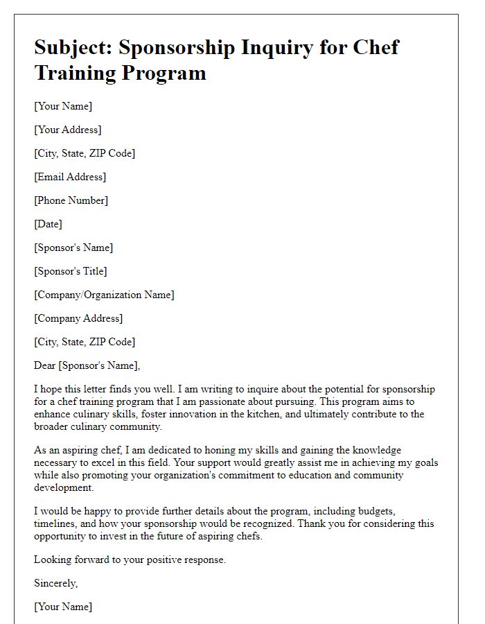 Letter template of sponsorship inquiry for chef training program