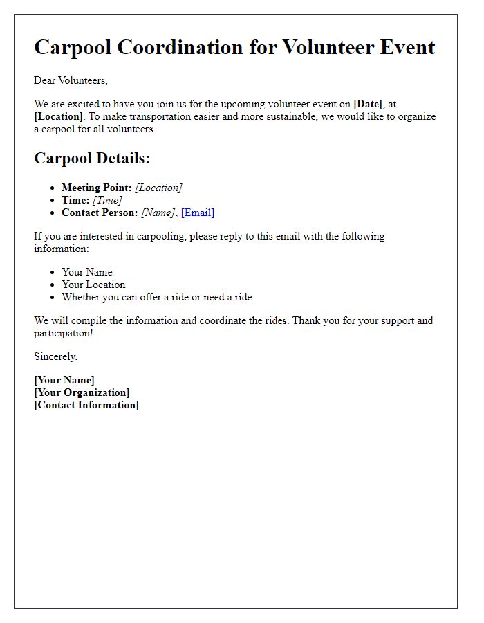 Letter template of carpool coordination for volunteer events