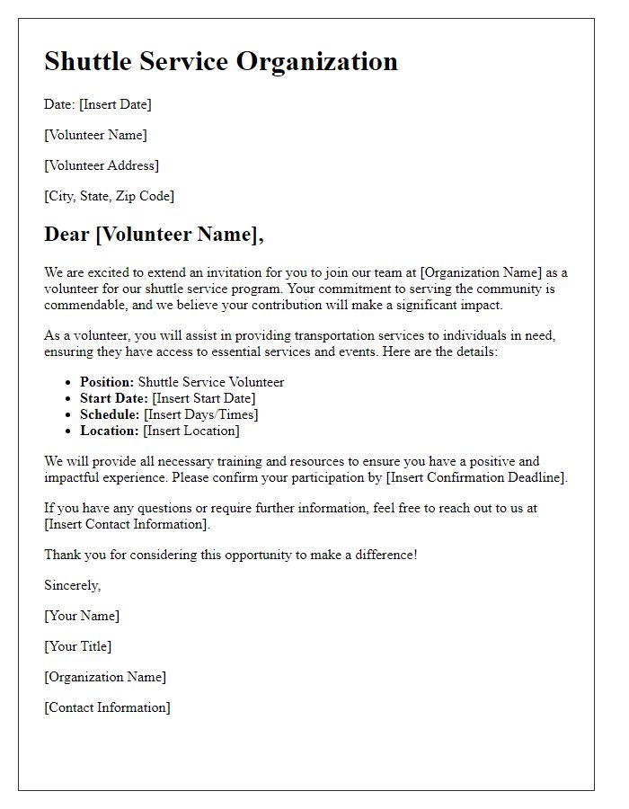 Letter template of shuttle service organization for volunteer work