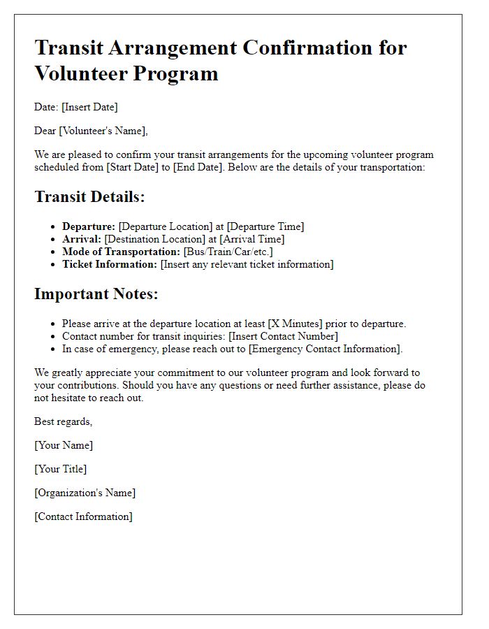 Letter template of transit arrangement for volunteer programs