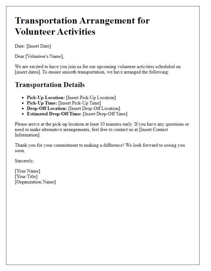 Letter template of transportation arrangement for volunteer activities