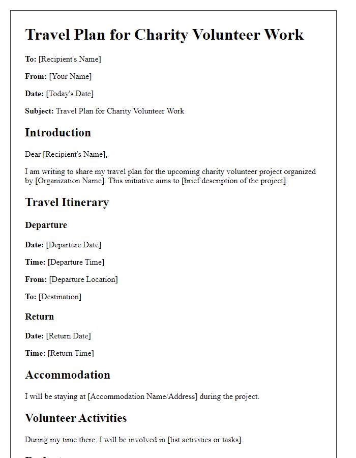 Letter template of travel plan for charity volunteer work