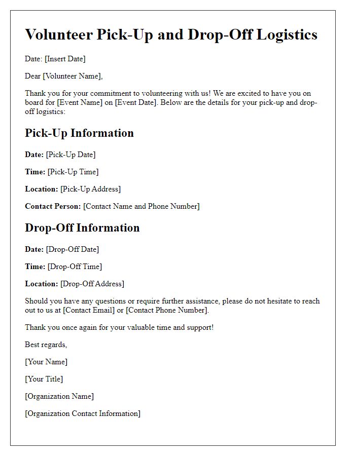 Letter template of volunteer pick-up and drop-off logistics