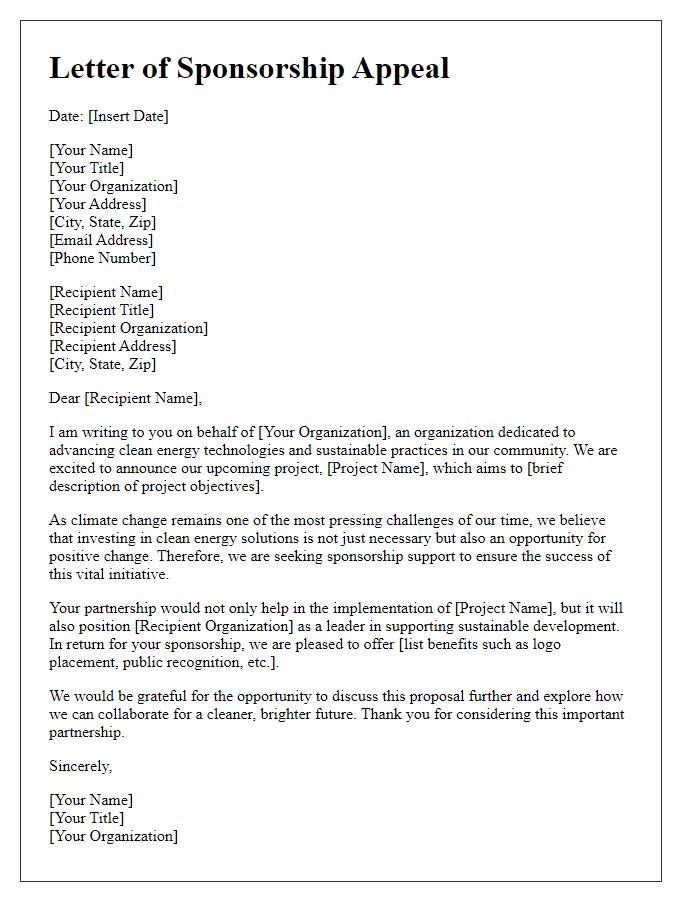 Letter template of clean energy development sponsorship appeal.