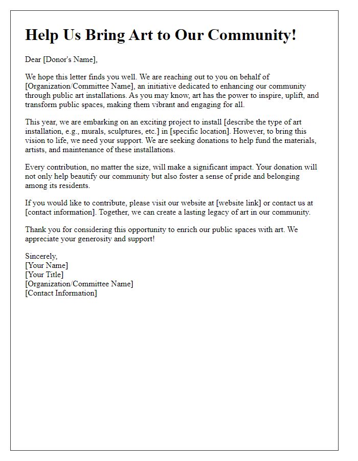 Letter template of donation appeal for public art installations.