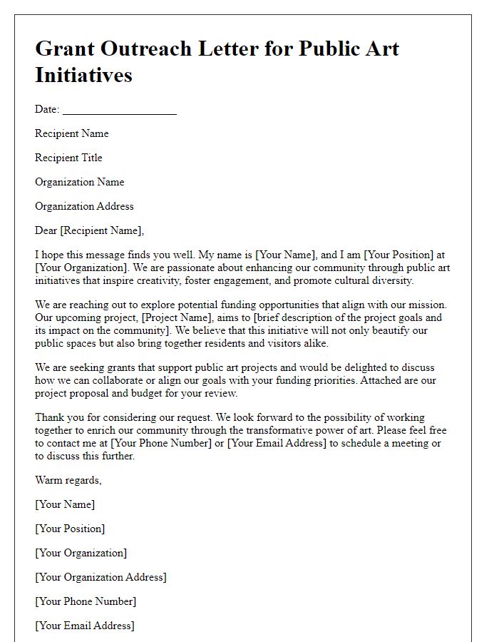 Letter template of outreach for grants to support public art initiatives.