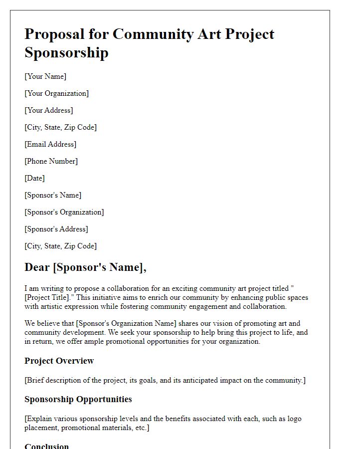 Letter template of proposal for community art project sponsorship.