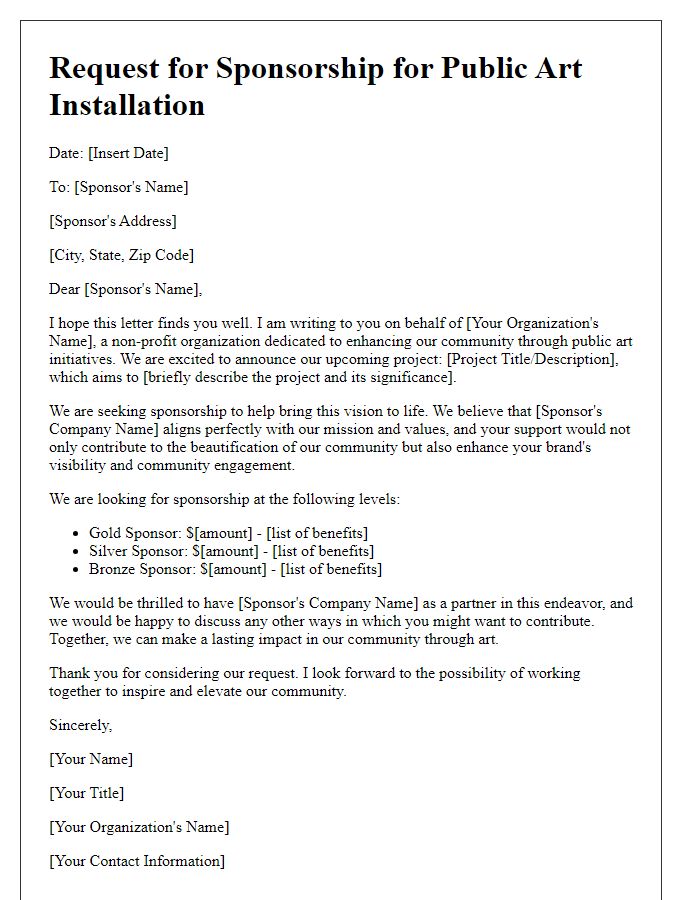 Letter template of request for public art installation sponsorship.