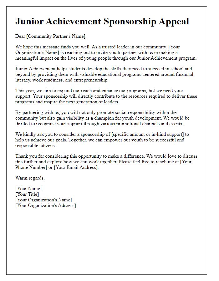 Letter template of Junior Achievement Sponsorship Appeal for Community Partners