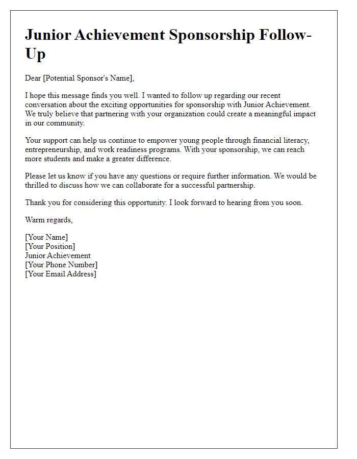 Letter template of Junior Achievement Sponsorship Follow-Up for Potential Sponsors