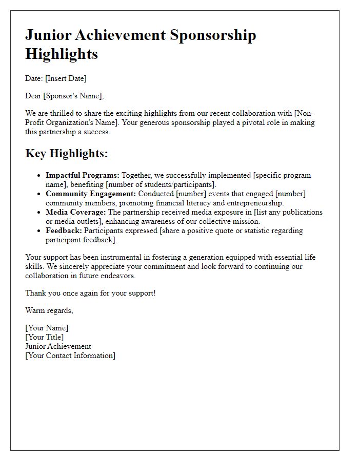 Letter template of Junior Achievement Sponsorship Highlights for Non-Profit Collaborations