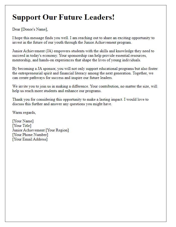 Letter template of Junior Achievement Sponsorship Motivation for Individual Donors