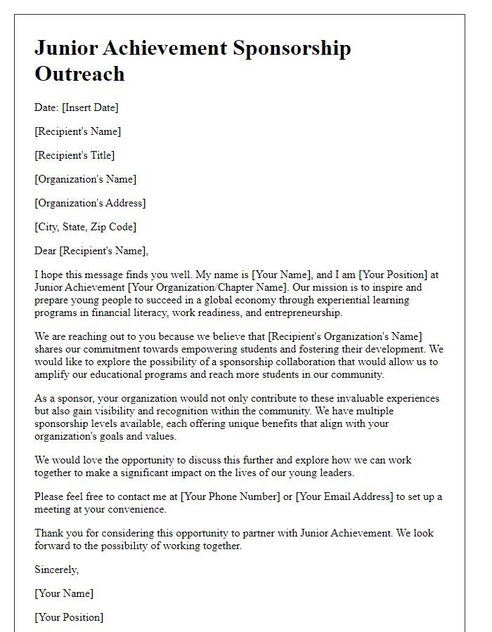 Letter template of Junior Achievement Sponsorship Outreach for Educational Organizations