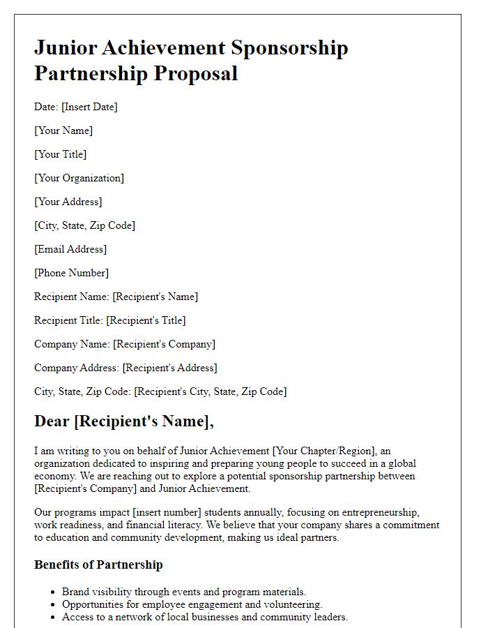 Letter template of Junior Achievement Sponsorship Partnership Proposal for Business Alliances