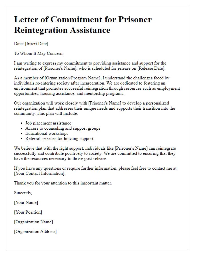 Letter template of commitment for prisoner reintegration assistance.