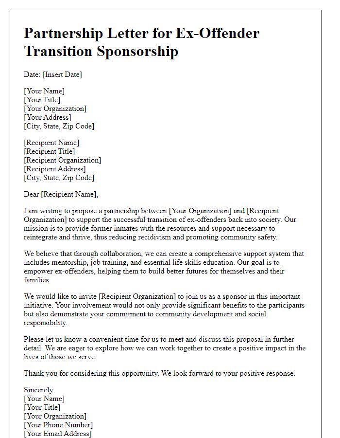 Letter template of partnership for ex-offender transition sponsorship.