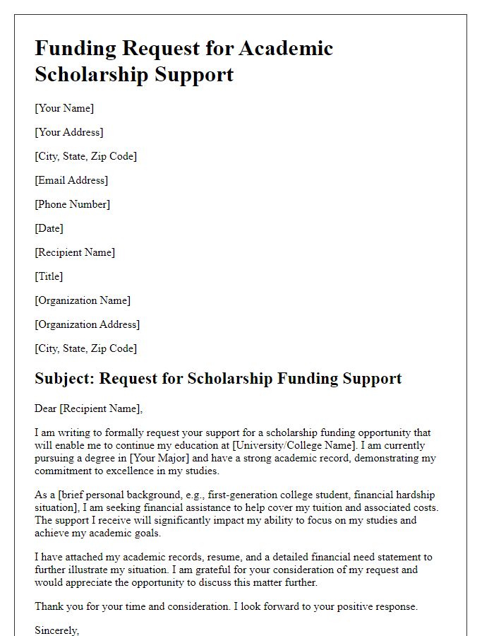 Letter template of funding request for academic scholarship support