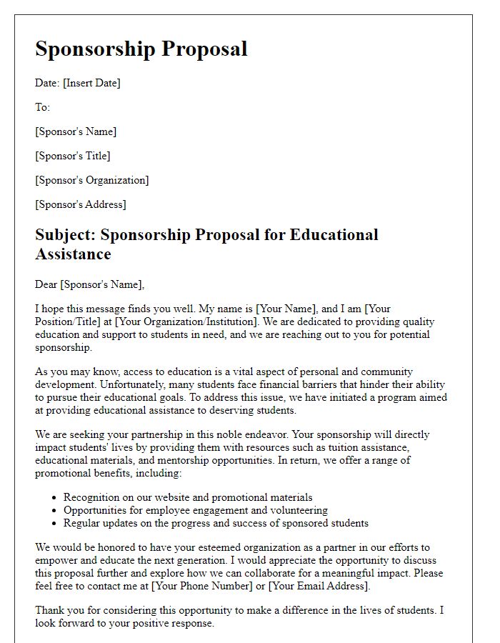 Letter template of sponsorship proposal for educational assistance