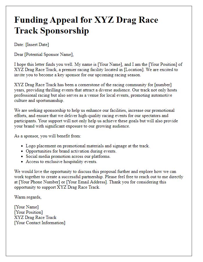 Letter template of funding appeal for drag race track sponsorship