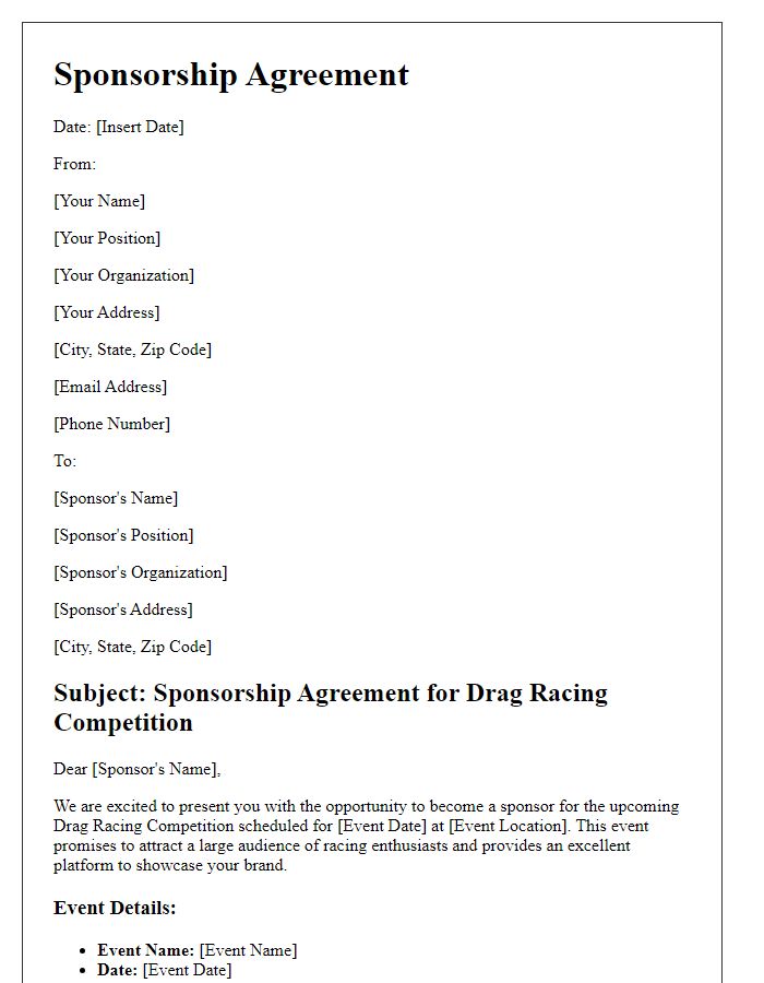 Letter template of sponsorship agreement for drag racing competition