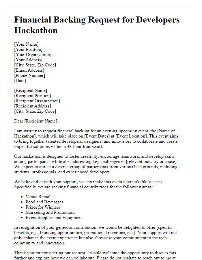 Letter template of financial backing request for developers hackathon