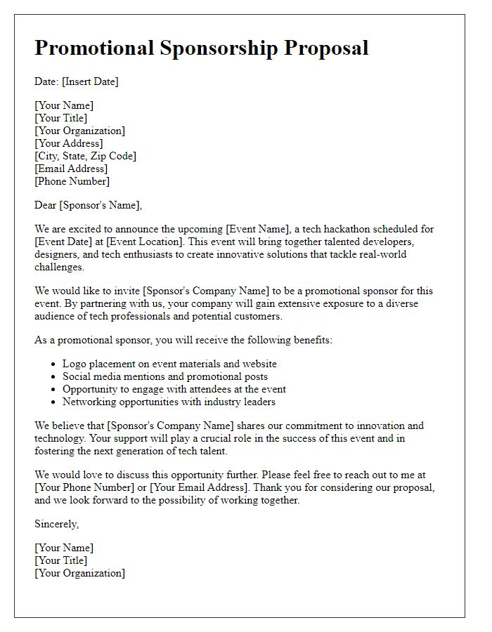 Letter template of promotional sponsorship for tech hackathon