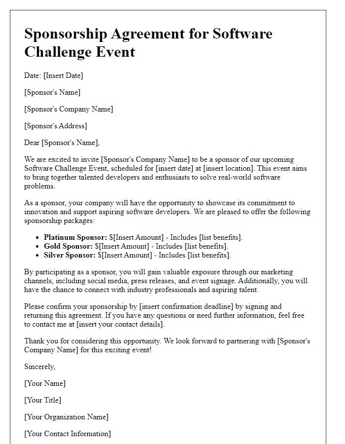 Letter template of sponsorship agreement for software challenge event