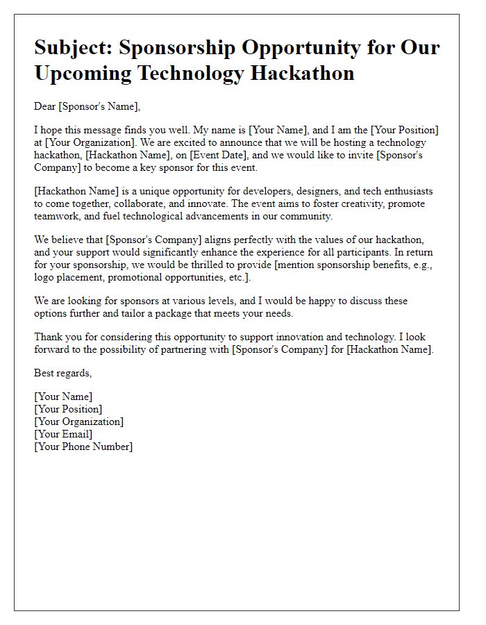 Letter template of sponsorship inquiry for technology hackathon