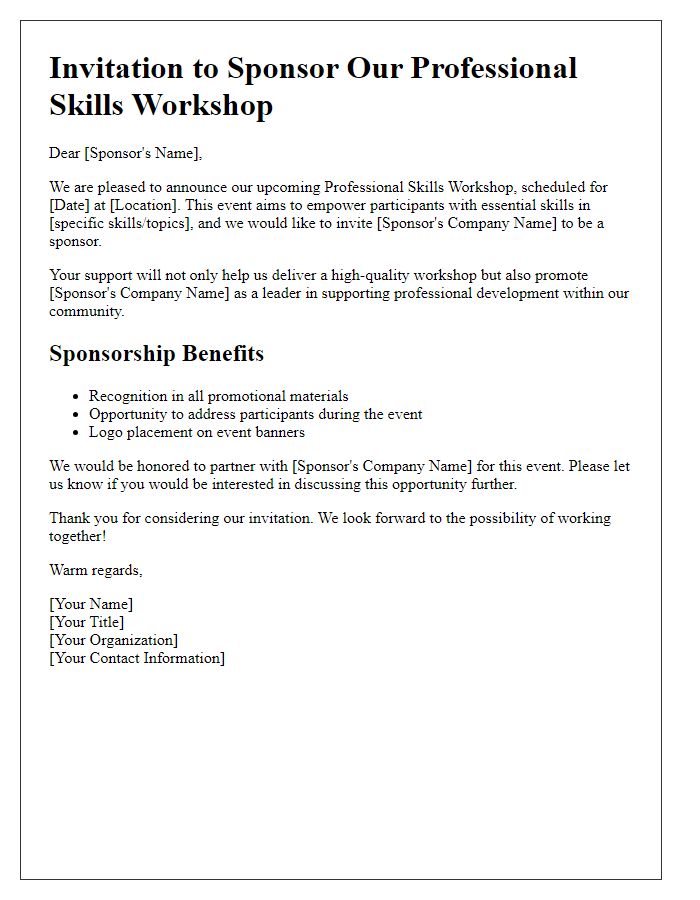 Letter template of invitation to sponsor a professional skills workshop.