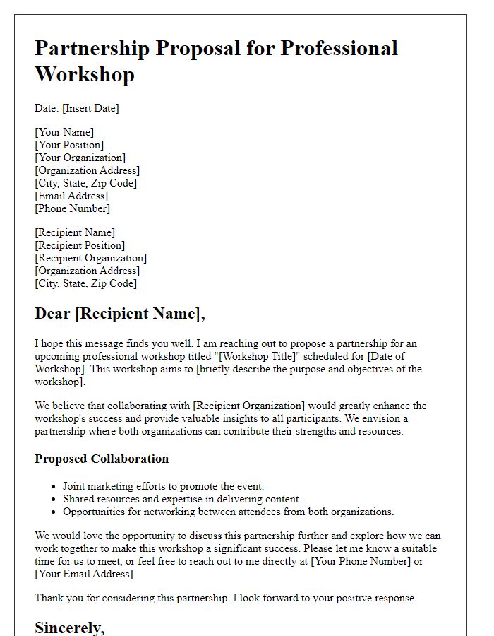 Letter template of partnership proposal for a professional workshop.