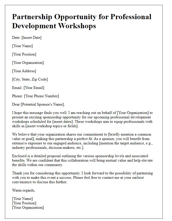 Letter template of sponsorship opportunity for professional development workshops.