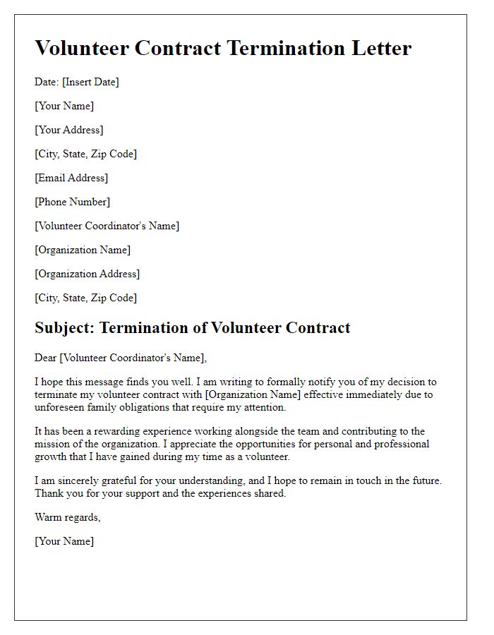 Letter template of volunteer contract termination for family obligations