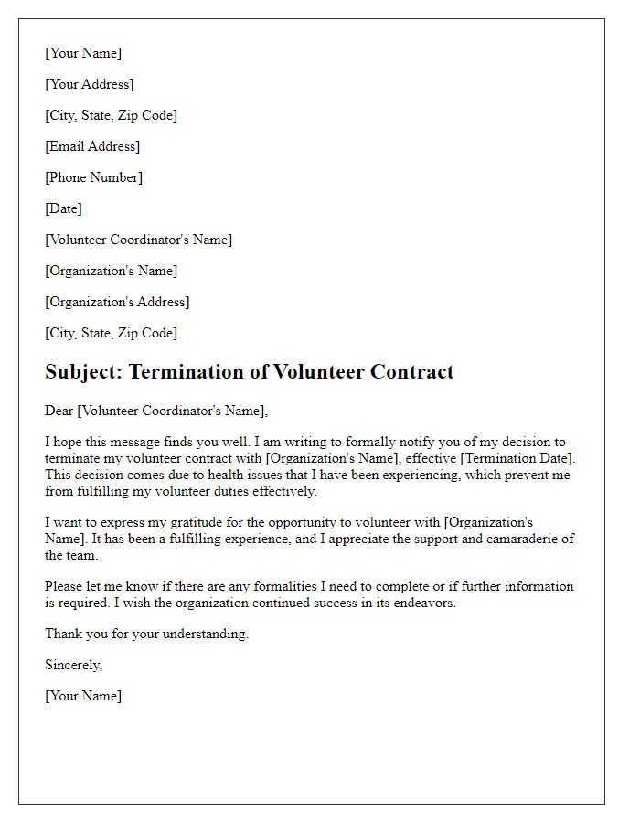 Letter template of volunteer contract termination for health issues