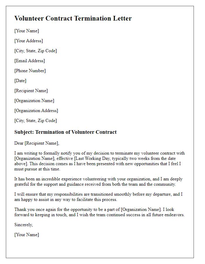 Letter template of volunteer contract termination to pursue other opportunities