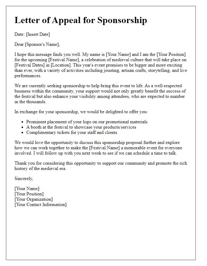 Letter template of appeal for medieval festival sponsorship