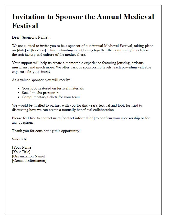 Letter template of invitation for medieval festival sponsorship