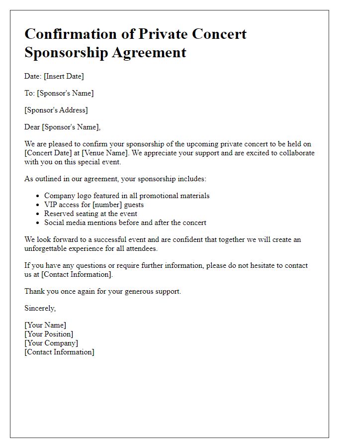 Letter template of Confirmation for Private Concert Sponsorship Agreement