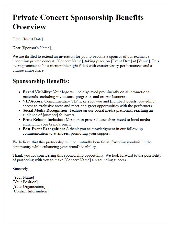 Letter template of Private Concert Sponsorship Benefits Overview