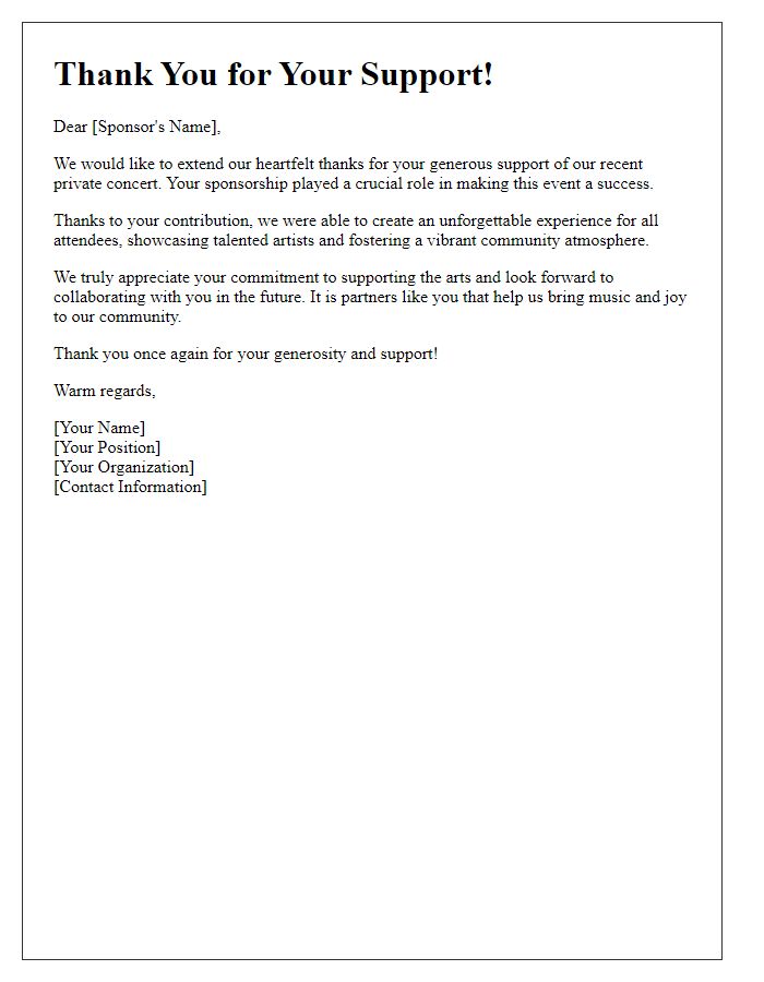 Letter template of Thank You for Supporting Private Concert Sponsorship