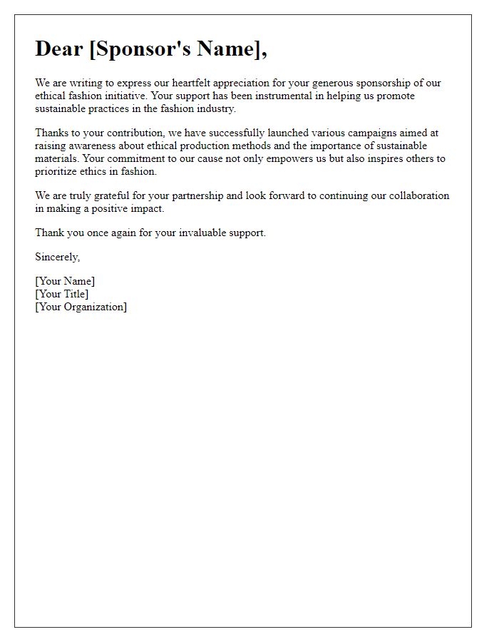 Letter template of appreciation for ethical fashion sponsorship support