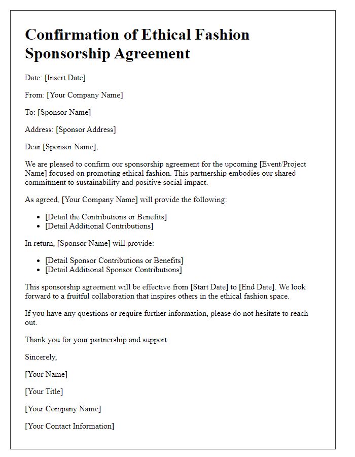 Letter template of confirmation for ethical fashion sponsorship agreement