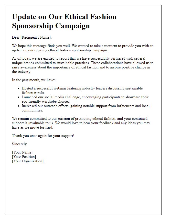 Letter template of update on ethical fashion sponsorship campaign