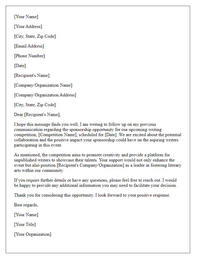 Letter template of follow-up on writing competition sponsorship