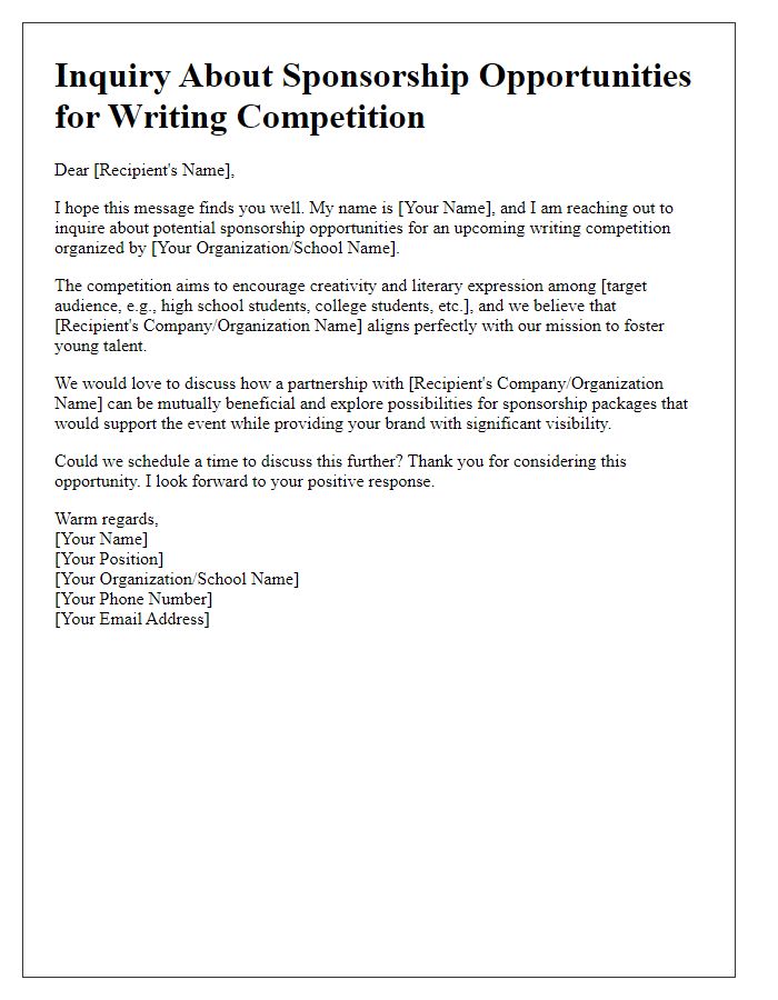 Letter template of inquiry about writing competition sponsorship opportunities