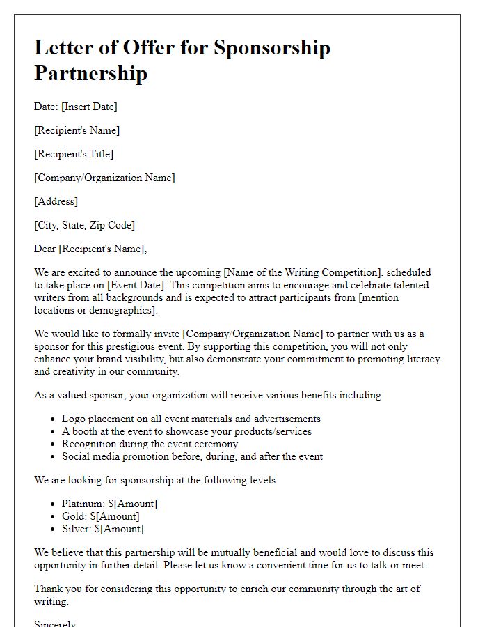 Letter template of offer for writing competition sponsorship partnership