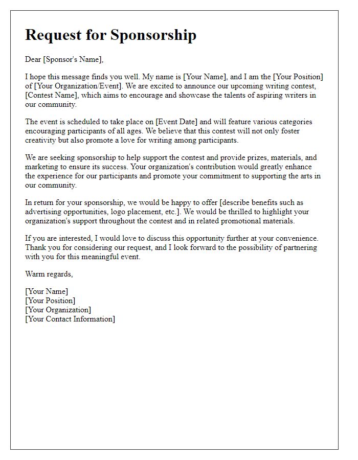 Letter template of request for sponsoring a writing contest