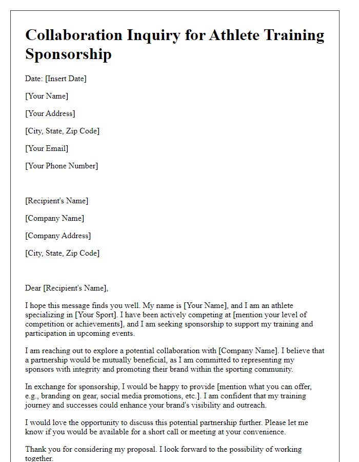 Letter template of collaboration inquiry for athlete training sponsorship